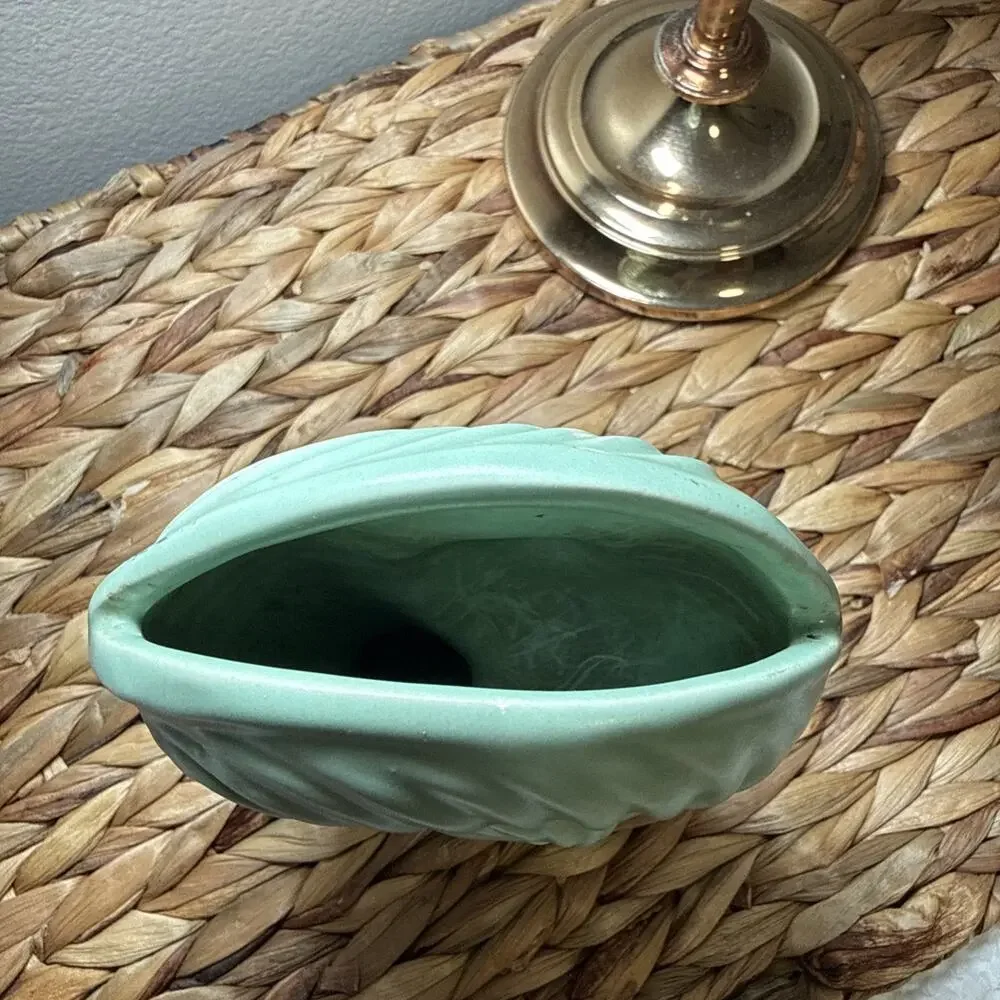 MCM Mint Green Nautilus Shell Vase Fiddlehead Fern Style Matte Pottery Decor